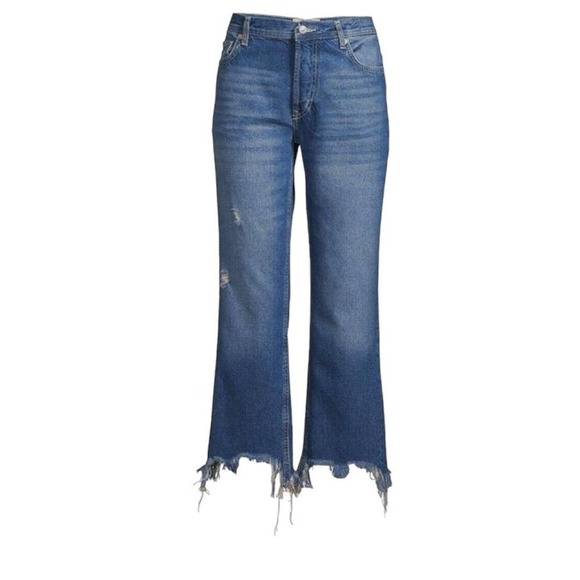 FREE PEOPLE THE MAGGIE MID RISE STRAIGHT LEG JEANS RAW HEM DARK WASH SIZE 25 NWT - Picture 1 of 16